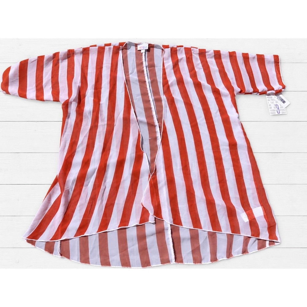 LuLaRoe Bianka Kimono Red White Vertical Stripe Sheer Layering Coverup Size 3
